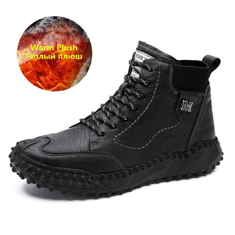 Neue Winter Herrenstiefel Dicke Plüsch Warme Herren Schneestiefel Leder Herren Stiefeletten Handgefertigte Motorradstiefel Outdoor Herrenschuhe