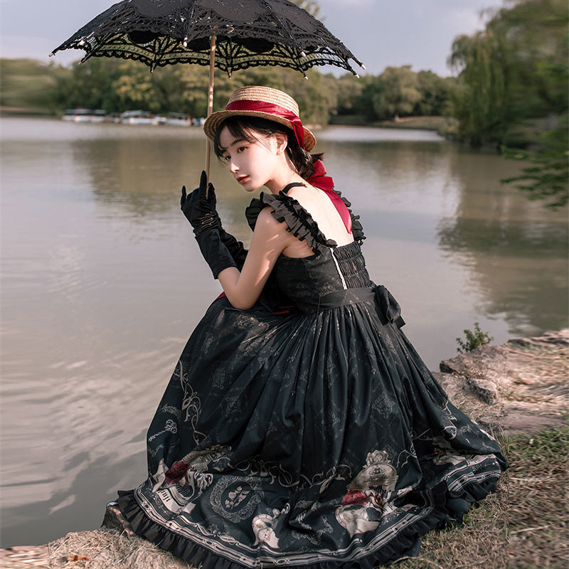Lolita JSK vestido ruiseñor y rosa jsk vestido estilo gótico oscuro Vintage victoriano princesa fiesta vestido sin mangas lolita vestido