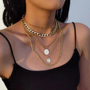 IngeSight.Z Punk Multi Layer Curb Cuban Chunky Thick Portrait Choker Necklace Women Vintage Carved Coin Pendant Necklace Jewelry