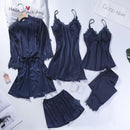 Lace Patchwork 5PCS Sleepwear Nightgown Kimono Bathrobe Gown Satin Lady Nighty&amp;Robe Suit Sexy Home Clothes White Wedding Robe