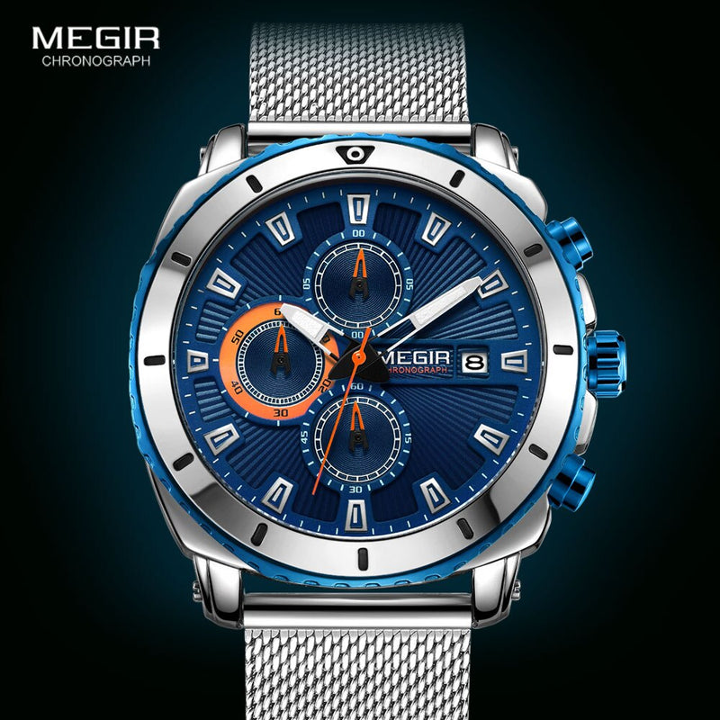 Megir Uhren Männer 2020 Luxus Mesh Strap Business Quarzuhr für Mann Top-Marke wasserdicht Armee Sport Armbanduhren blaues Gesicht