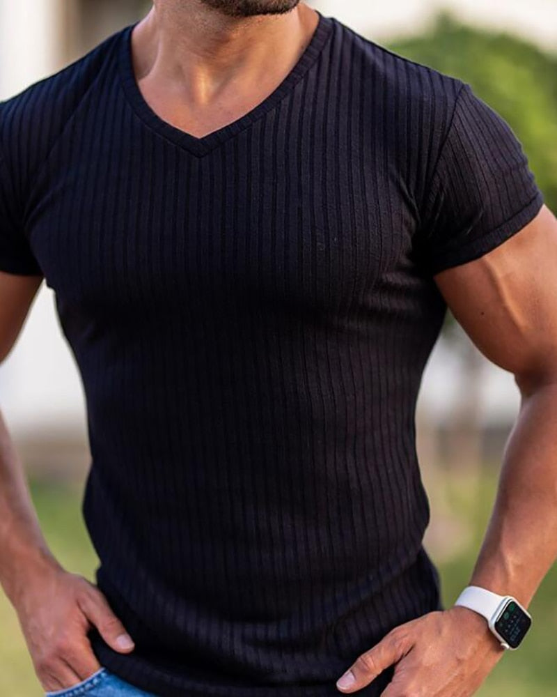 Herren V-Ausschnitt Kurzarm T-Shirt Fitness Slim Fit Sportstreifen T-Shirt Herren Solide Mode T-Shirts Tops Sommer Gestrickte Sportbekleidung