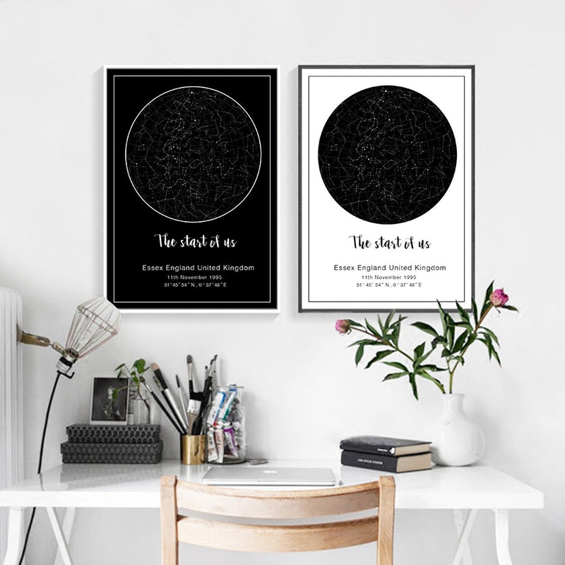 Pintura en lienzo de fase lunar y mapa de estrellas personalizado moderno, póster en blanco y negro, impresión de pared para guardería, imágenes artísticas, decoración del hogar para dormitorio