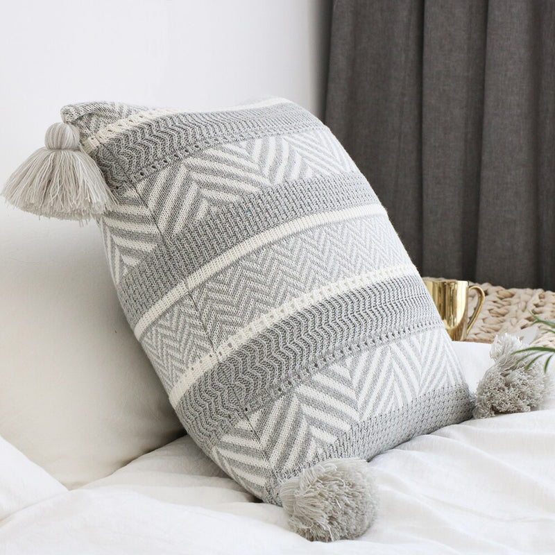 REGINA Baroco Decor Knitted Cushion Cover Gray Stripe Tassel Design Pillow Case Cotton Super Soft Sofa Car Nordic Pillow Cover