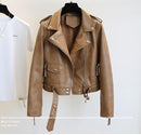New Women Leather Coat Spring Autumn Long Sleeved With Belt Faux Leather Jacket Female Punk Outwear Ladies Biker Moto Outwear