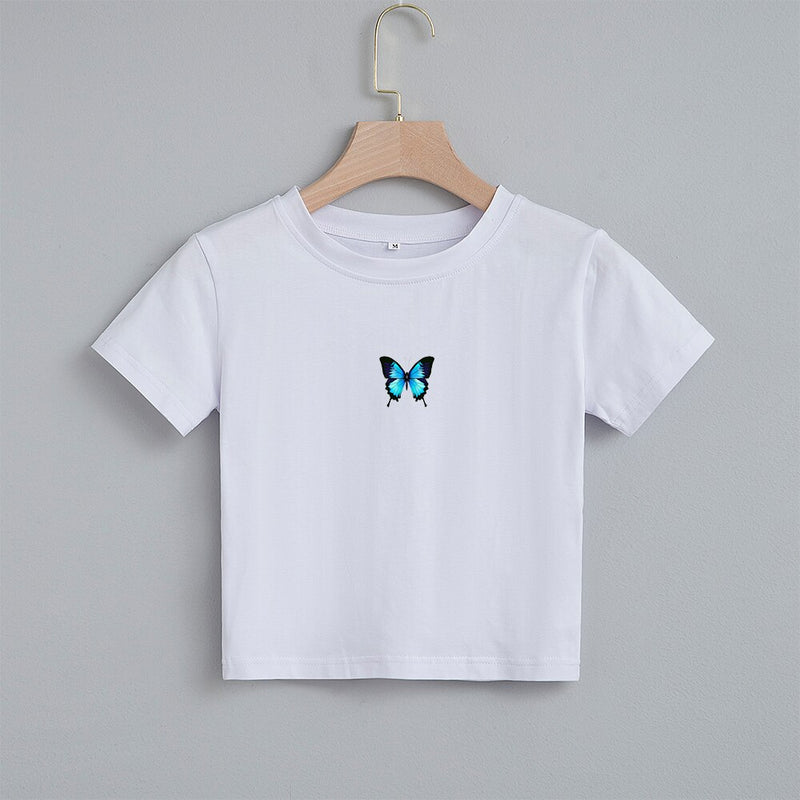 Fashion Cartoon Blue Butterfly Print Crop Top Harajuku O Neck Cropped T Shirt Cute Women T-shirt Gothic Women Tshirt Streetwear