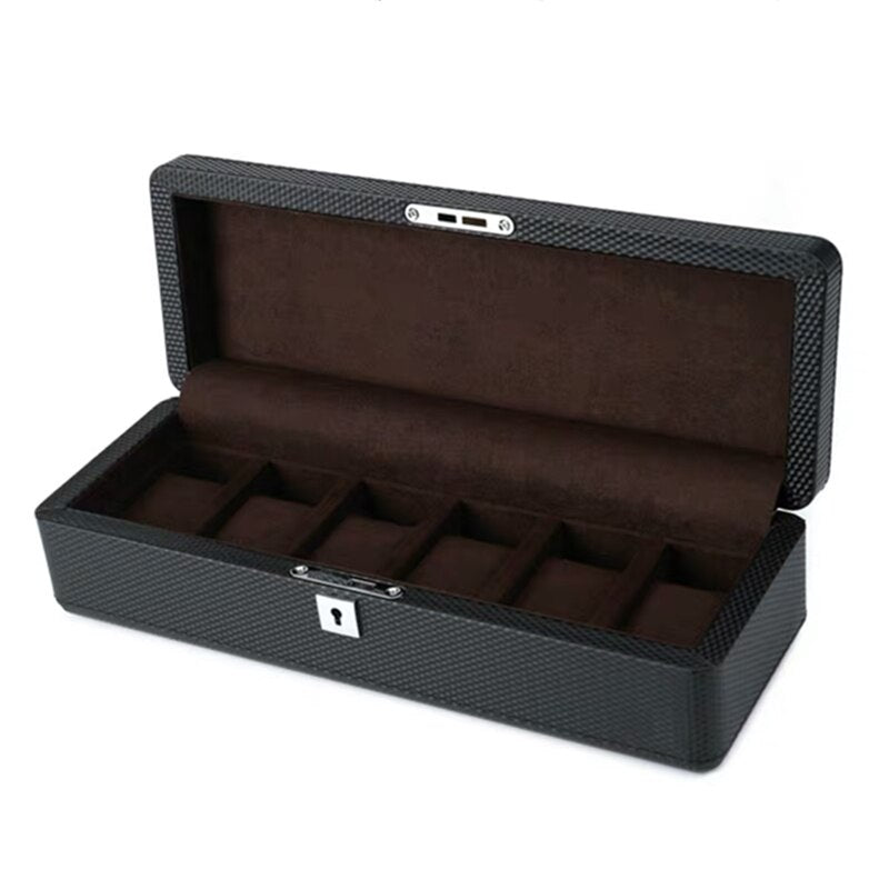 Caja de reloj de cuero con 3/6/12 ranuras, caja de almacenamiento de reloj negra, organizador con cerradura, caja de reloj de carbono de lujo para hombres, cajas de regalo