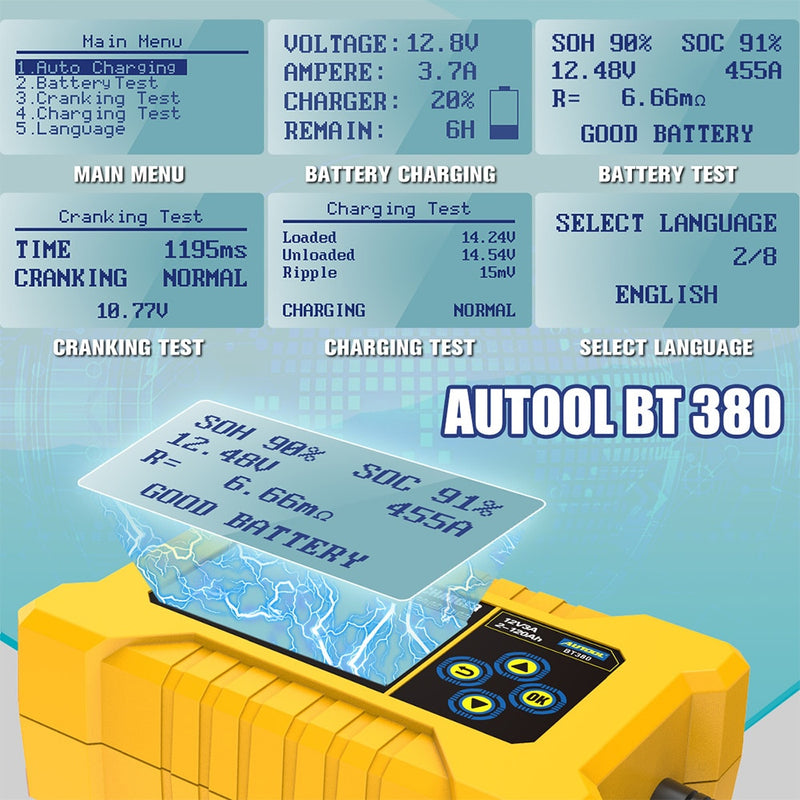 Probador de batería de coche Original AUTOOL BT380 12V CCA2400 Analizador de prueba de arranque de carga de batería 220V 110V banco de energía del vehículo