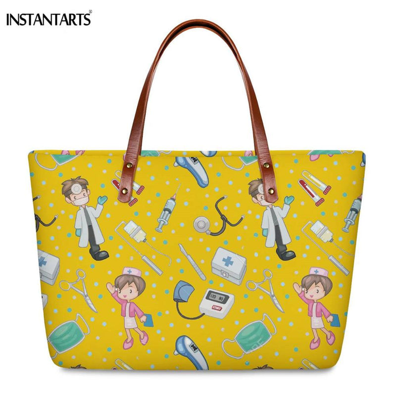 INSTANTARTS Cartoon Nurse Print Women Casual Work Handbags Large Capacity Tote Hospital Paramedical Fashion Travel Shoulder Bag