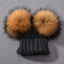 Winter Baby Knit Hat With Two Fur Pompoms Boy Girls Natural Fur Ball Beanie Kids Caps Double Real Fur Pom Pom Hat for Children