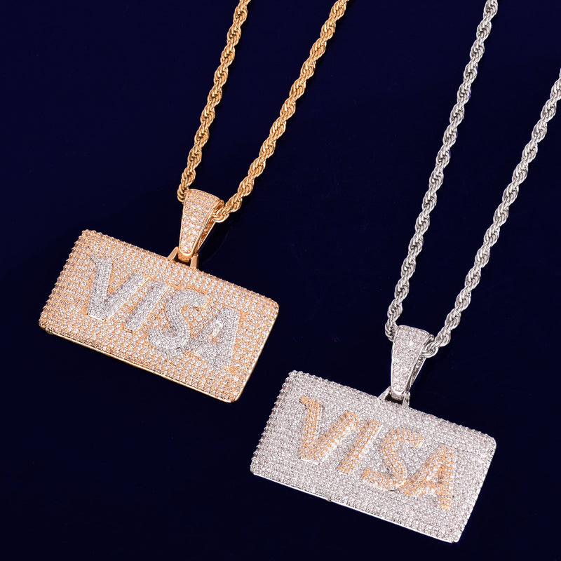 Visa Card Shape Pendant  Cubic Zircon Men's Hip Hop Necklace Jewelry