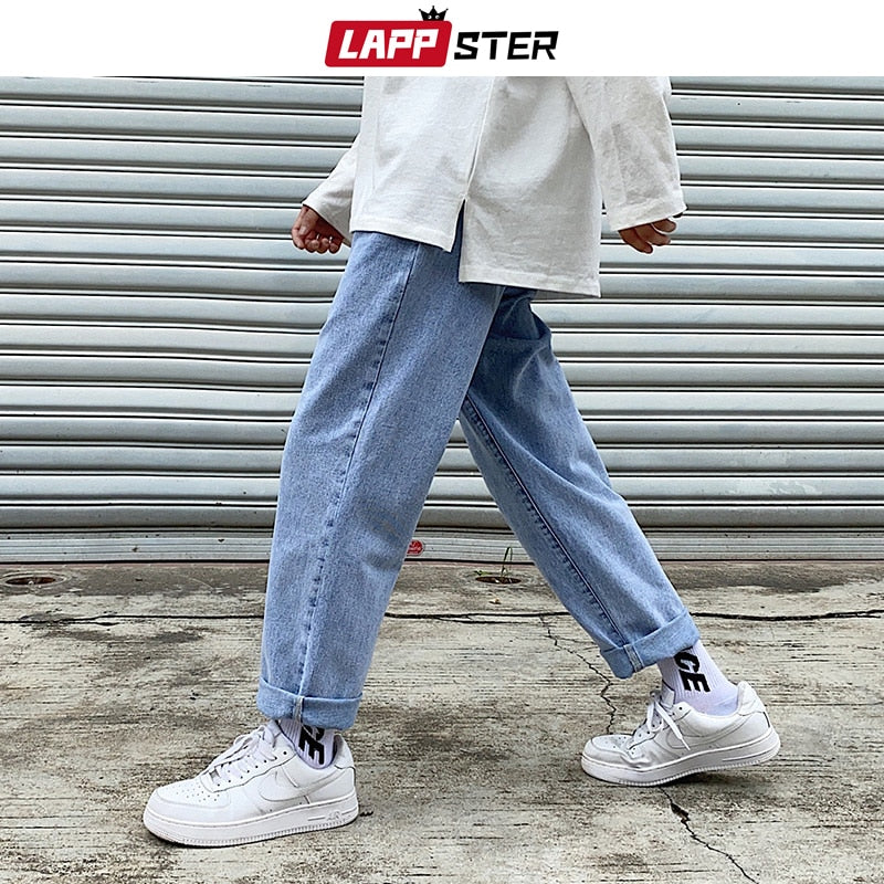 LAPPSTER Men Grey Streetwear Baggy Jeans 2022 Mens Kpop Solid Denim Pants Couple High Waisted Vintage Oversized Joggers Pants