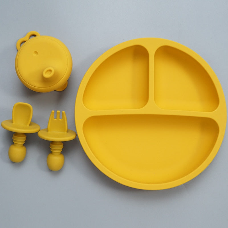 Accesorios para bebés, plato de cena de silicona para alimentación de niños pequeños, cuchara tenedor infantil suave impermeable con cubierta de taza de silicona portátil para niños