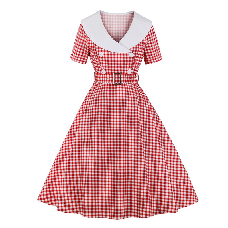 Tonval Gingham Print High Waist Vintage A Line Cotton Midi Dresses for Women Double-Breasted 1950S Rockabilly Plaid Dress