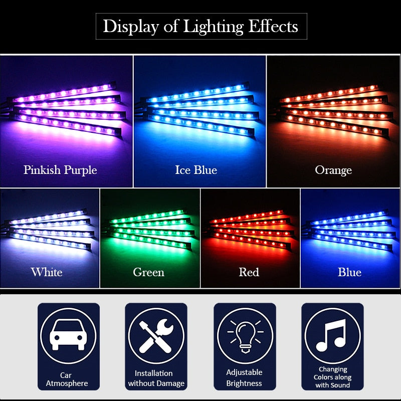 LED-Auto-Innenraum-Hintergrundbeleuchtung mit USB-Zigarettenanzünder Umgebungsatmosphäre Stimmungslicht RGB-Fernbedienungs-App Auto-Fuß-Dekorationslampe