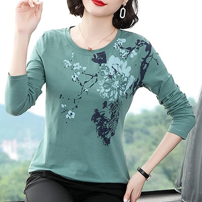 shintimes Floral Embroidery Long Sleeve T Shirt Women T-Shirt Fall 2022 Cotton Tshirt Fashion Womens Clothing Tee Shirt Femme