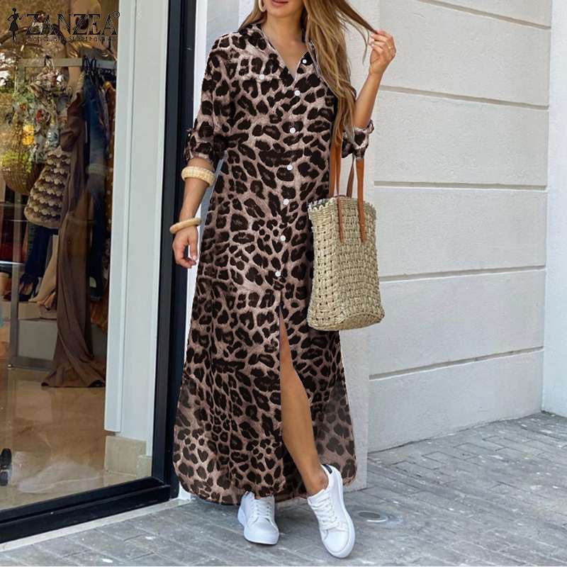 ZANZEA Party Holiday Longue Robe Womens Autumn Fashion Shirt Dress Casual Vintage Leopard Dresses Female Lapel Long Vestidos