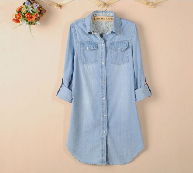 Neue Frühlingsmode Lange Lose Baumwolle Denim Frauen Blusen Langarmshirts Frauen Tops Jeans Bluse Weibliche Freizeitkleidung