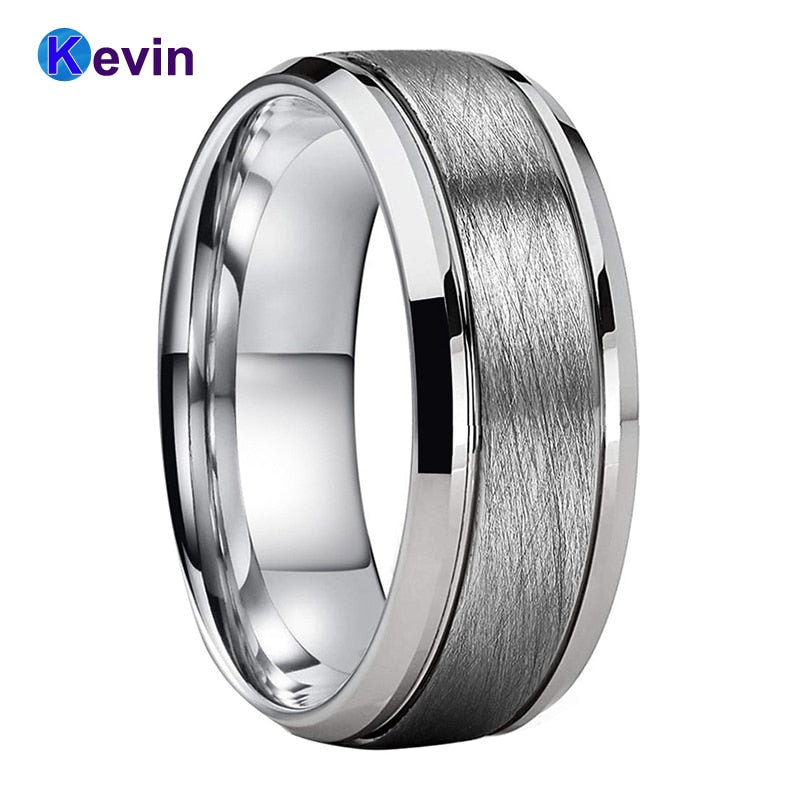 Anillo de banda de boda de tungsteno para hombres y mujeres con acabado de ranura de cepillo biselado 8MM ajuste cómodo