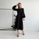 CHURSES Sexy Backless Midi Dress Lantern Sleeve O-Neck Autumn Folds A-Line Fashion Party Night Club Long Dresses For Women