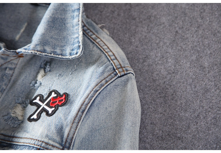 Harajuku Casual Rocker GNR Stamp Washed Destroy Fades Vintage Indigo Blue Denim Jacket Rock Sudadera Guns N Roses Streetwear