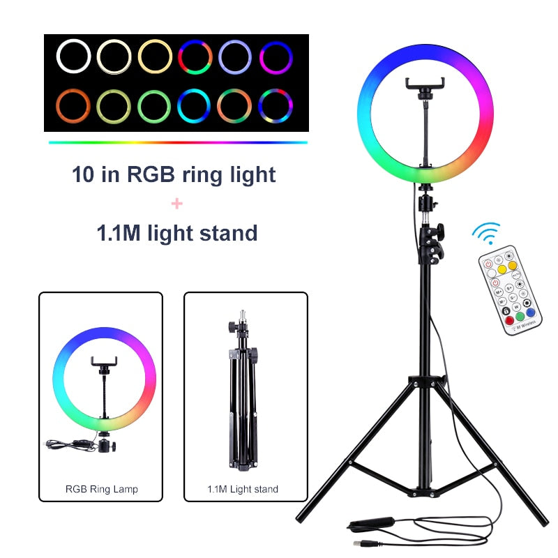 Lámpara LED de anillo regulable RGB de 10 pulgadas con Clip de teléfono Control remoto fotografía iluminación colorida para YouTube Live Stream