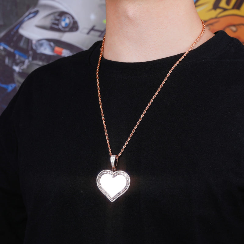 COLLAR COLGANTE de medalla en forma de corazón con foto personalizada de TOPGRILLZ, colgante de Zirconia cúbica helada, joyería de moda de Hip Hop para hombres