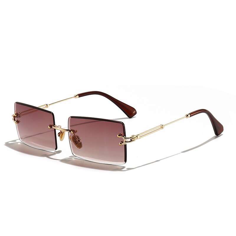 HBK Fashion Rimless Sunglasses Women TOP QUALITY Trendy Small Rectangle Sun Glasses Summer Style UV Gold Brown Shades for men