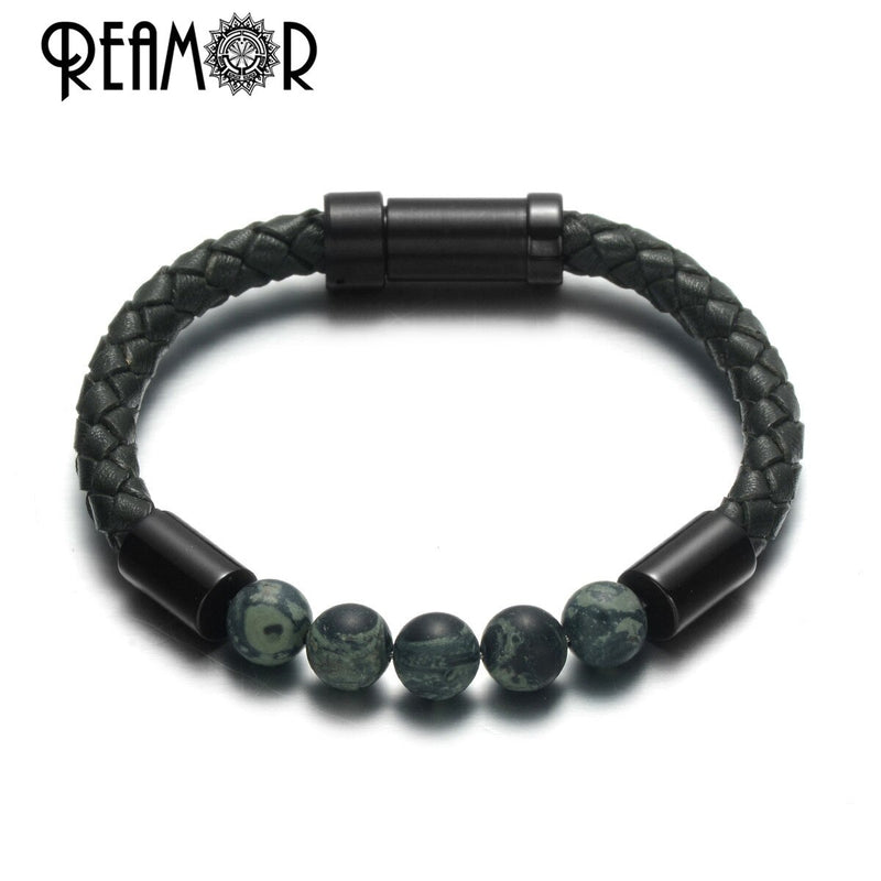 REAMOR, pulseras de cuero trenzado con piedra Natural verde y negro para hombre, Color dorado, acero inoxidable 316L, brazalete con cierre integrado, joyería