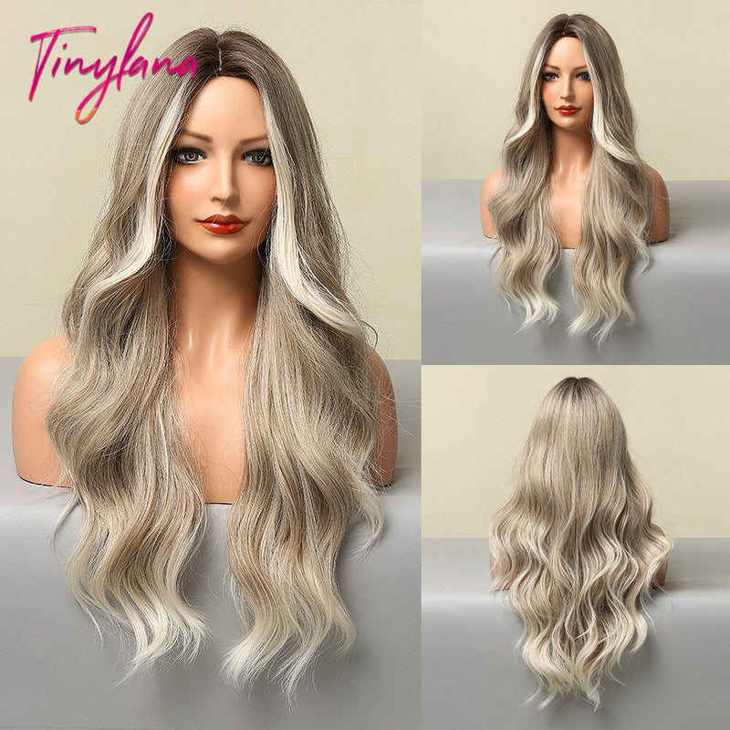 Lange synthetische braune blonde wassergewellte Gloden-Highlight-Perücken Mittelteil hitzebeständiges Cosplay-Naturhaar für schwarze Frauen