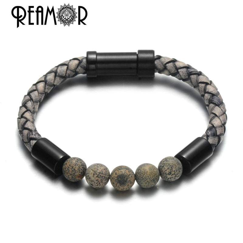 REAMOR Männer Schwarz Grün Naturstein Geflochtene Lederarmbänder Goldfarbe 316L Edelstahl Eingebetteter Verschluss Armreif Schmuck