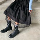 Black Gothic Lace Stitching Irregular Pleated Skirt Women White Vintage High Waist Long Skirt Korean Solid Hip Hop Streetwear