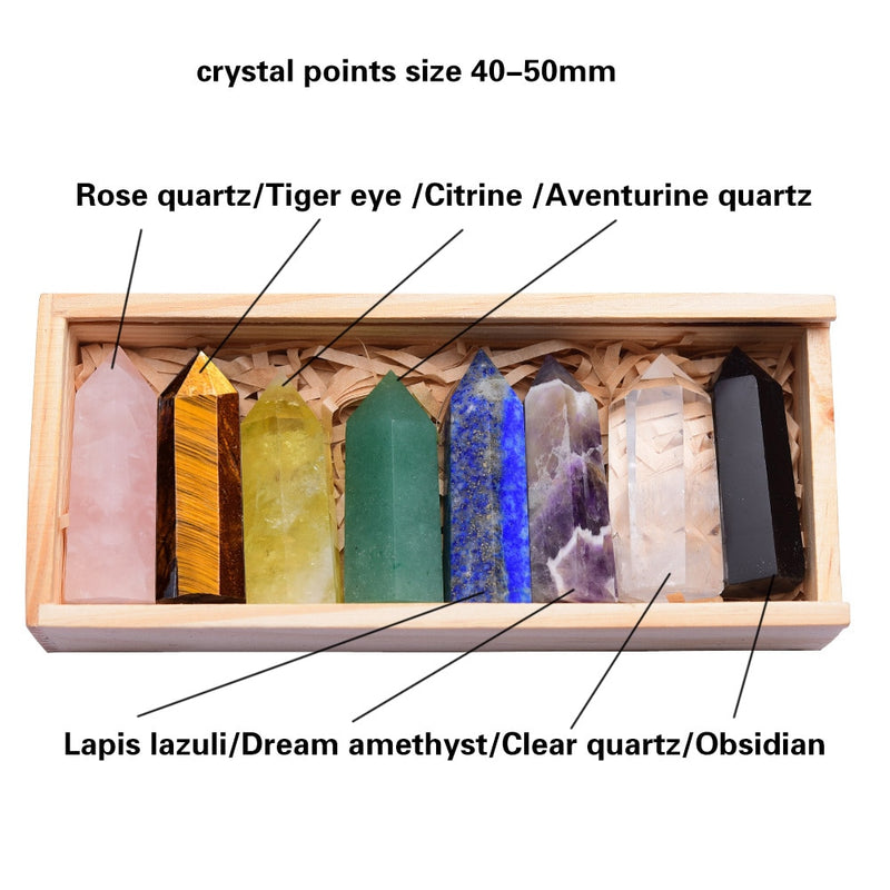Regalos de madera, cristal Natural, varita de cristal curativo de un solo punto, 6 piedras facetadas de Reiki Chakra, prisma curativo de cristal para Reiki