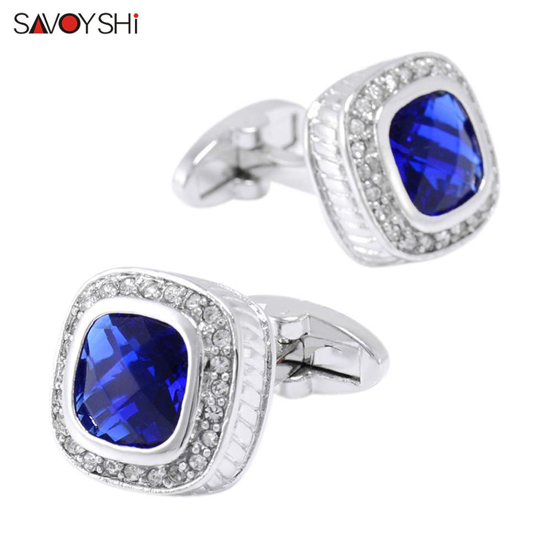 SAVOYSHI Luxury Square Cufflinks for Mens French Shirt High Quality Blue Crystals Cuff links Wedding Grooms Gift Man Jewelry