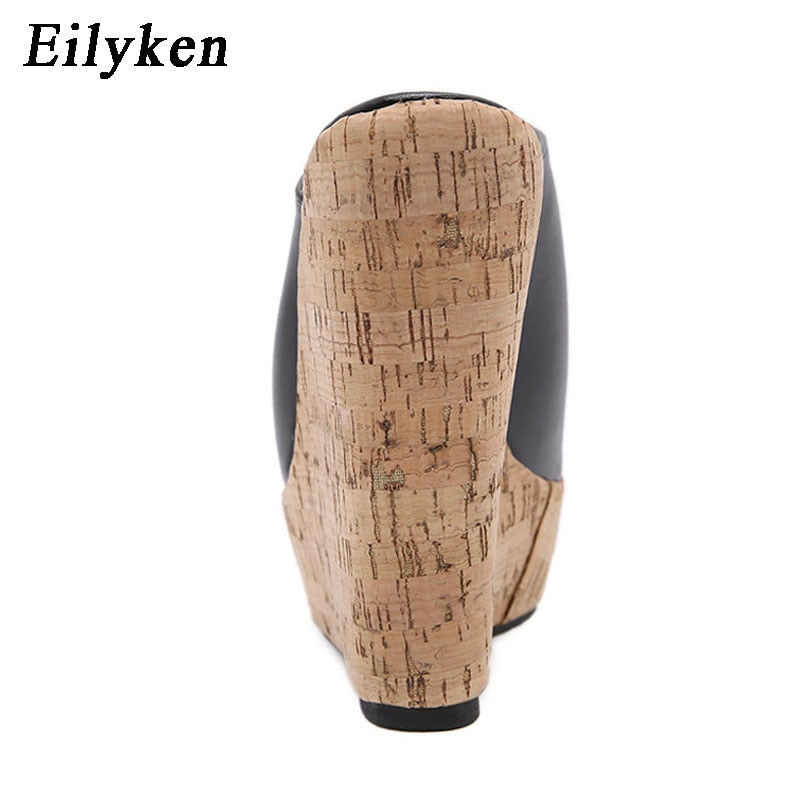 Eilyken Summer Outdoor Fashion Peep Toe Platform Slippers High Quality PU Leather Sandals Women Wedges Heels Ladies Shoes