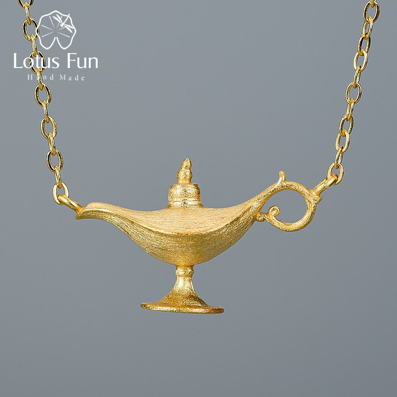 Lotus Fun 18K Gold Aladdin's Lamp Pendant Necklace Real 925 Sterling Silver Natural Handmade Designer Fine Jewelry for Women