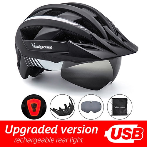 Victgoal Bicycle Helmet LED Moutain Road USB Rechargeable Light Cycling Helmet For Man Sun Visor Goggles Men MTB Bike Headgear