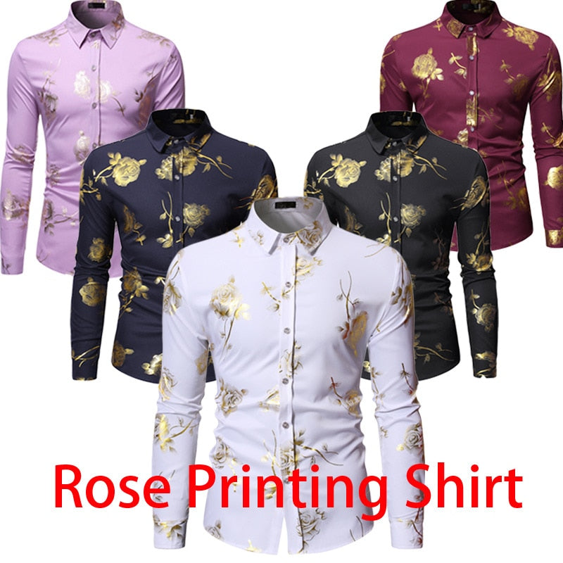 Camisas con estampado floral de rosas doradas para hombre Marca Floral Steampunk Chemise Blanco Manga larga Fiesta de bodas Bronceado Camisa Masculina