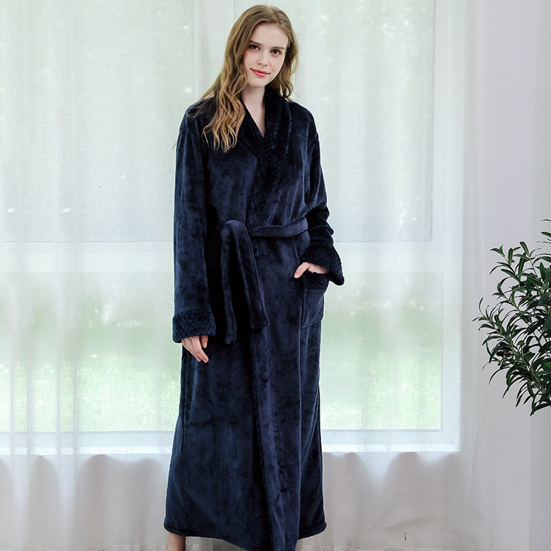 Women Men Winter Plus Size Flannel Robe Extra Long Hooded Warm Bathrobe Lovers Thick Kimono Bath Robe Male Dressing Gown Robes