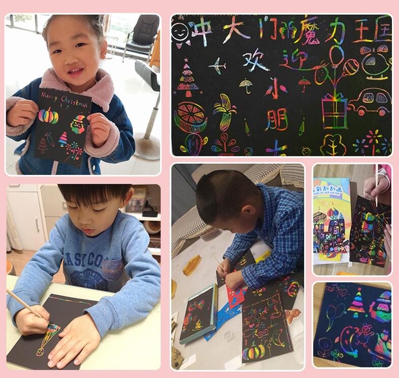 Magic Color Rainbow Scratch Art Paper Card Set con Graffiti Stencil para dibujar Stick DIY Art Painting Toy para niños GYH