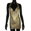 2022 NEUE reizvolle tiefe V-Ausschnitt-Kristallkleid-Frauen-Luxusrhinestone-Halter-Tanzparty Diamante Backless Split-Minikleider