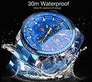 Forsining Mens Automatic Watch Blue Steel Band Calendar 3 Sub Dial Wristwatch Mechanical Waterproof Male Clock Relogio Masculino