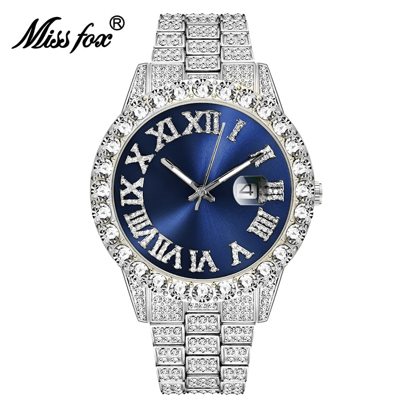 MISSFOX Herrenuhr 2020 Meistverkaufte Luxusmarke Blaues Zifferblatt Gold Herrenmode Uhren Herren Big Diamond Armband Luxusuhr Herren