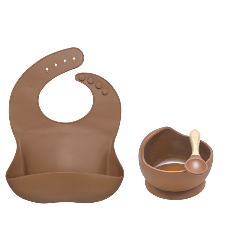 Vajilla de silicona para bebé sin BPA, babero impermeable, toalla Flexible para Saliva, cuenco y cuchara con ventosa de Color sólido para niños