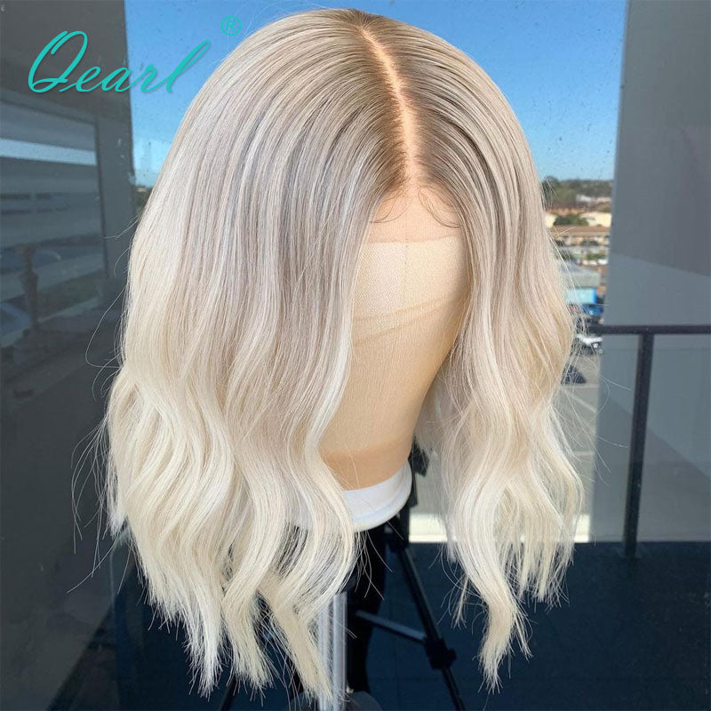 Women HD Lace Front Human Hair Wigs Short Bob Lace Frontal Wig Ombre Ash Blonde Grey Highlights 13x1 Transparent Wig Sale Qearl