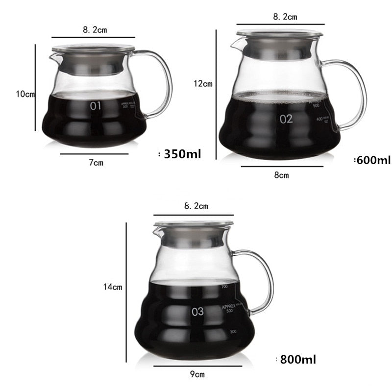 Cafetera, gotero de café de vidrio de 350 ml, 600 ml, 800 ml, mango aislado para mantener el café vertido y el hervidor de goteo fresco