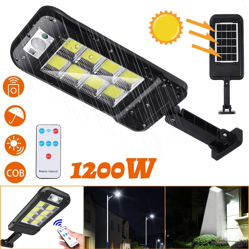 1200W 160COB LED Luz solar impermeable PIR Sensor de movimiento Control remoto Lámpara de jardín Lámpara de calle solar al aire libre Luces de calle