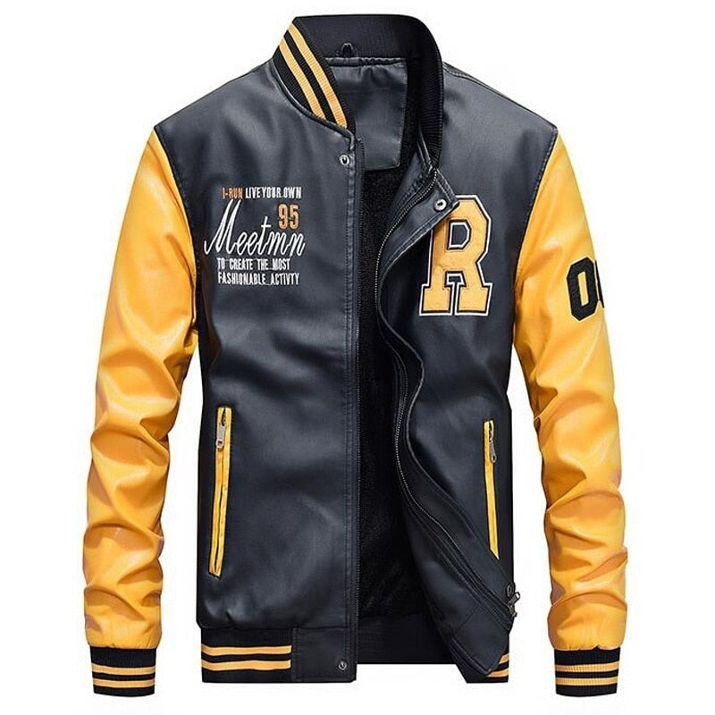 Chaqueta Bomber de cuero para hombre, chaquetas de béisbol, abrigo de piel sintética para motorista, chaqueta de lana para piloto universitario, parte superior de cuero para universidad, motocicleta ajustada negra