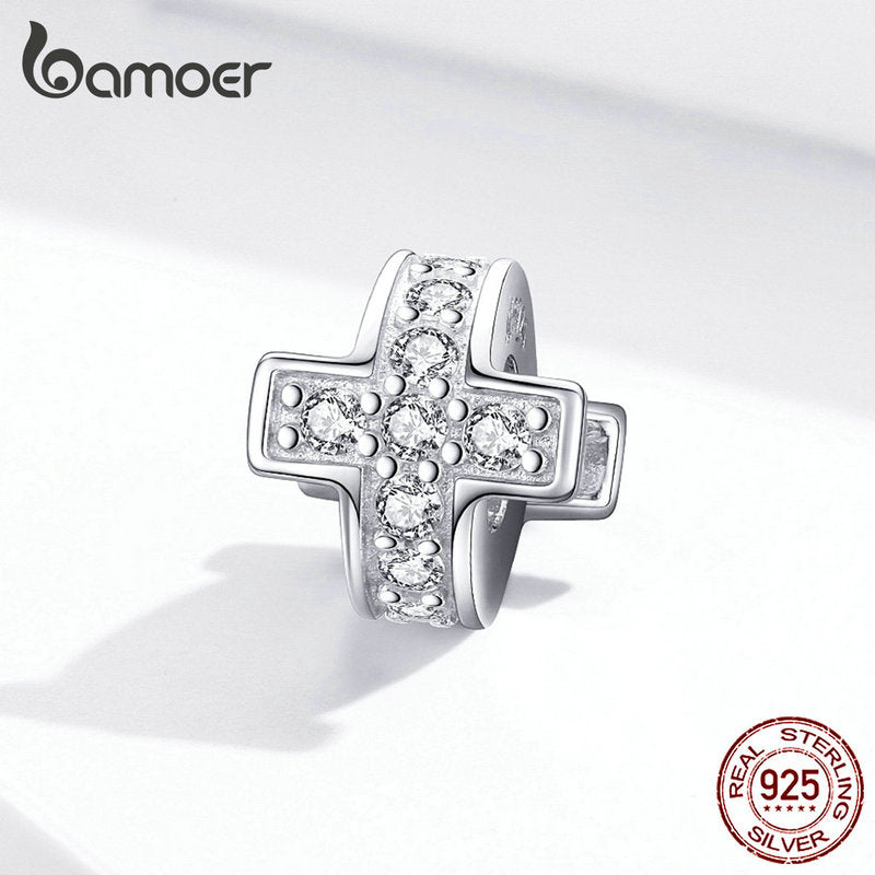bamoer Dazzling Cross Metal Beads with Silicone Stopper Charm for Women Sterling Silver Fashion Jewelry Accessories SCC1292