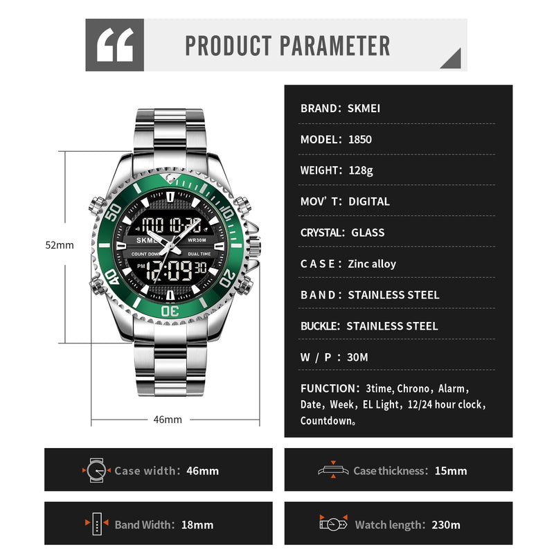 Relojes SKMEI de doble pantalla para hombre, relojes de pulsera digitales a la moda, reloj cronógrafo para hombre, reloj resistente al agua de acero inoxidable, reloj Masculino